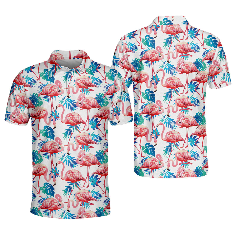 Floral Golf Polo Shirts Tropical Golf Shirts for Men Flamingo Golf Shirt Mens Tropical Shirts Short Sleeve Floral Shirts Dry Fit