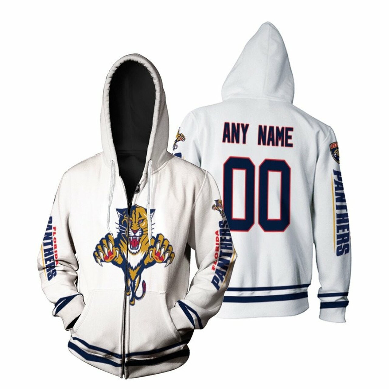 Florida Panthers Nhl Ice Hockey Team Logo White 3d Designed Allover Custom Name Number Gift For Panthers Fans Zip Hoodie