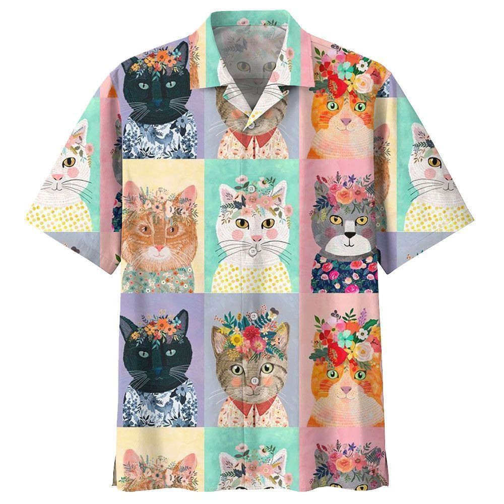 Flower Cat Aloha Hawaiian Shirt Colorful Short Sleeve Summer Beach Casual Shirt For Men And Women