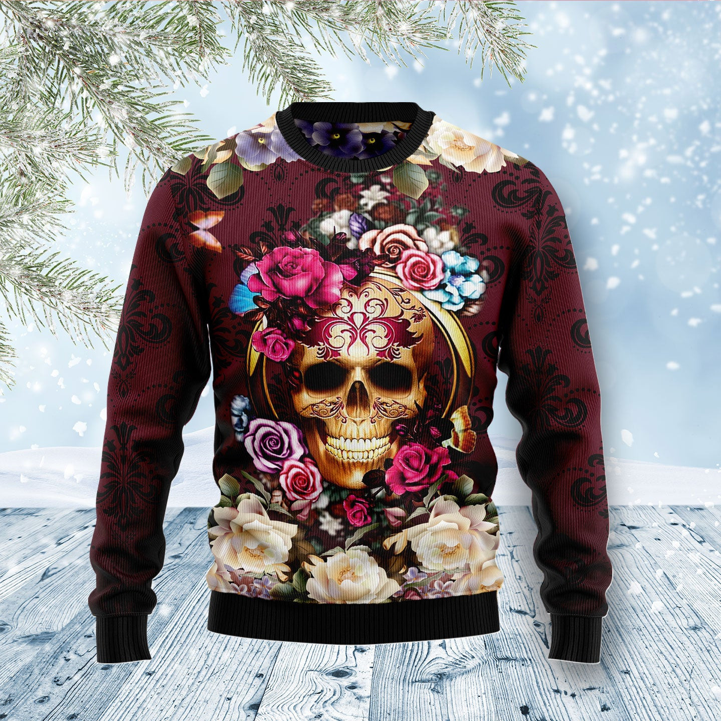 Flower Skull Ugly Christmas Sweater, Ugly Sweater For Men Women, Holiday Sweater