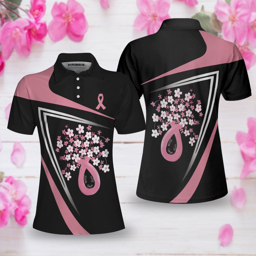 Flowers Faith Hope Love Pink Breast Cancer Awareness Short Sleeve Women Polo Shirt Awareness Ribbon Polo Shirt For Ladies