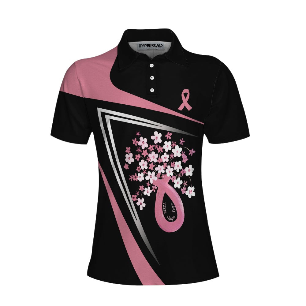 Flowers Faith Hope Love Pink Breast Cancer Awareness Short Sleeve Women Polo Shirt Awareness Ribbon Polo Shirt For Ladies