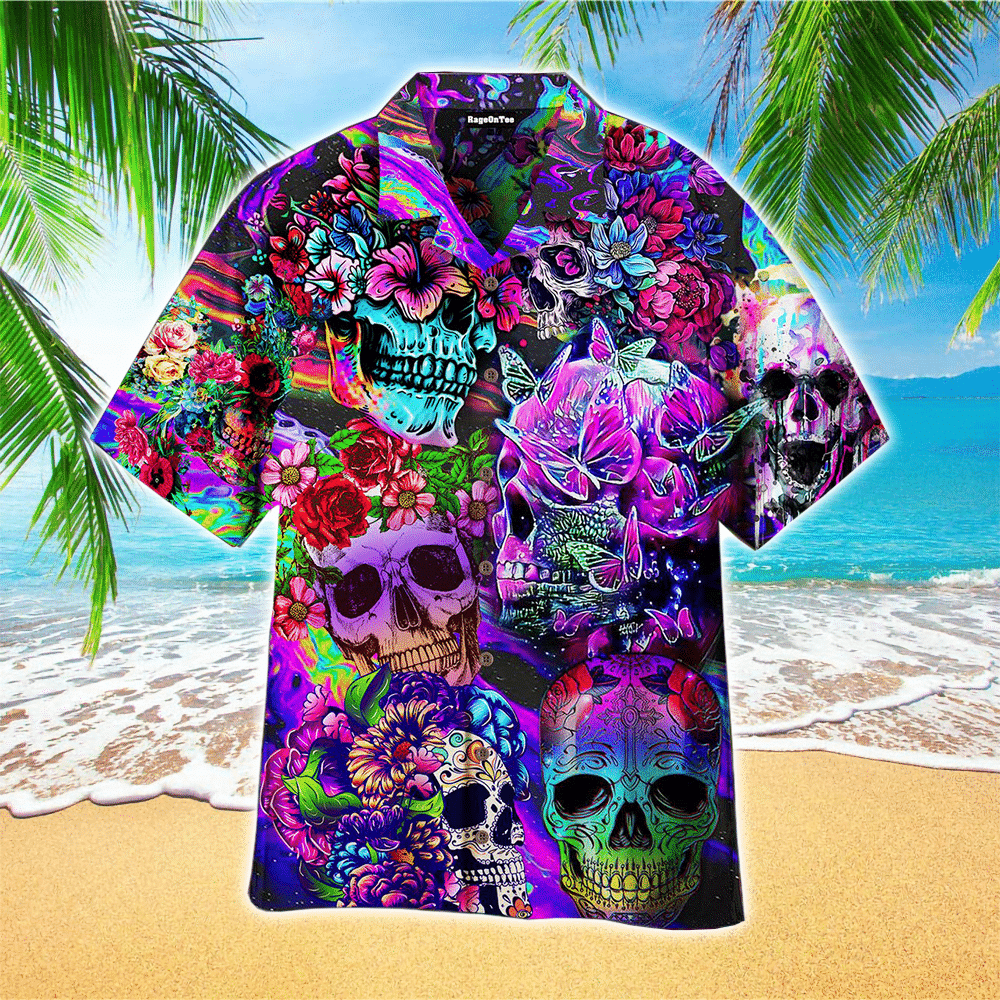 Flowers Hippies Colorful Skull Hawaiian Shirt for Men and Women