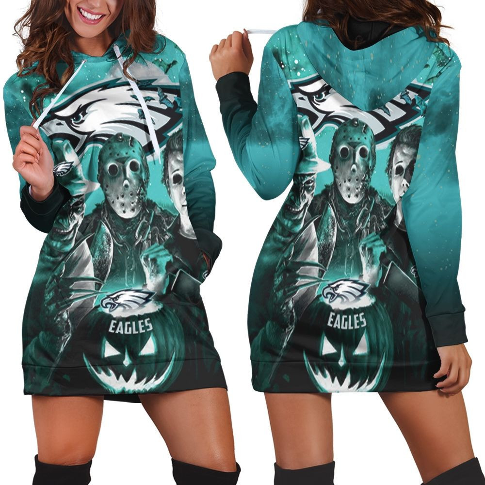Freddy Jason Michael Myers Loves Philadelphia Eagles Pumpkin Head Halloween 3d Hoodie Dress Sweater Dress Sweatshirt Dress