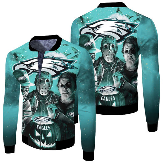 Freddy Jason Michael Myers Loves Philadelphia Eagles Pumpkin Head Halloween Fleece Bomber Jacket