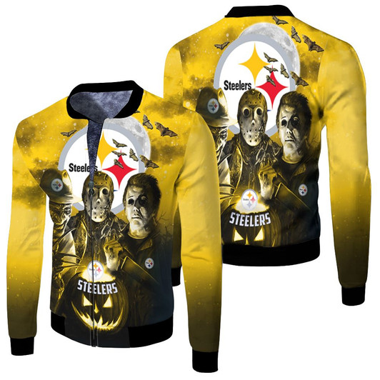 Freddy Jason Michael Myers Loves Pittsburgh Steelers Pumpkin Head Halloween Fleece Bomber Jacket