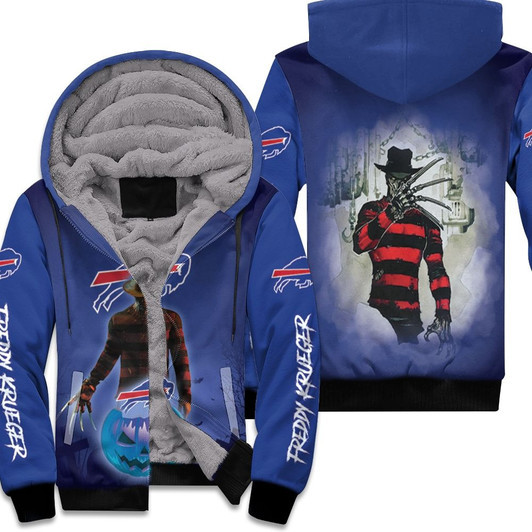 Freddy Krueger Buffalo Bills Pumpkins Halloween Blue 3D Allover Gift For Bills Fans And Halloween Lovers Fleece Hoodie