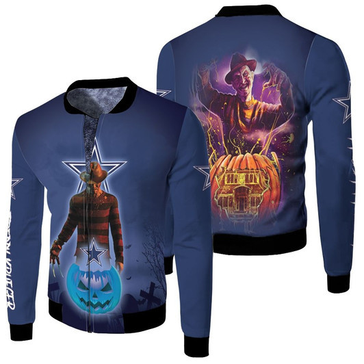 Freddy Krueger Dallas Cowboys Pumpkins Halloween Dark Blue Fleece Bomber Jacket