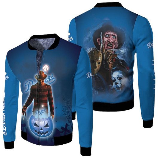 Freddy Krueger Los Angeles Dodgers Pumpkins Halloween Blue Fleece Bomber Jacket