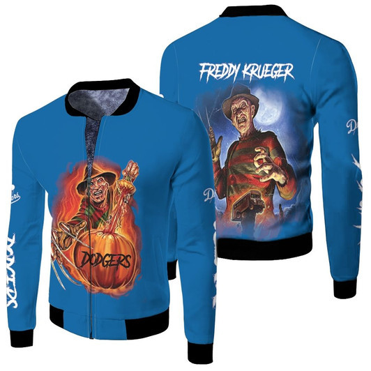 Freddy Krueger Los Angeles Dodgers Pumpkins Halloween Light Blue Fleece Bomber Jacket