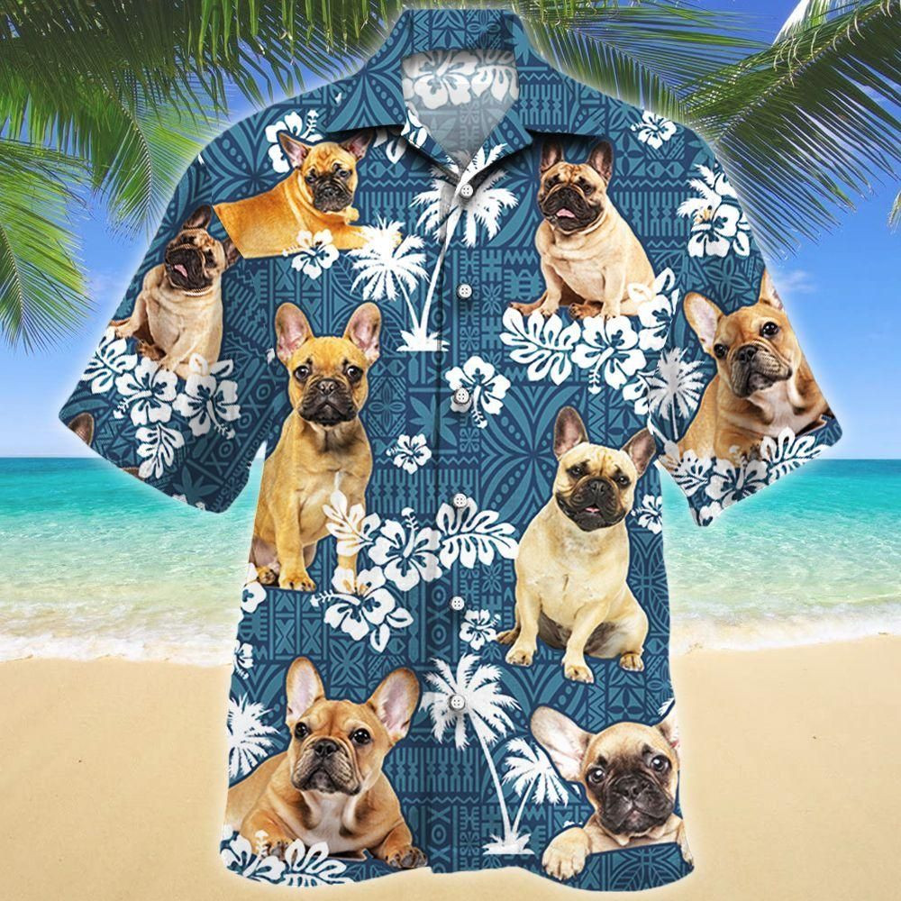 French Bulldog Dog Lovers Blue Tribal Aloha Hawaiian Shirt Colorful Short Sleeve Summer Beach Casual Shirt For Men And Women