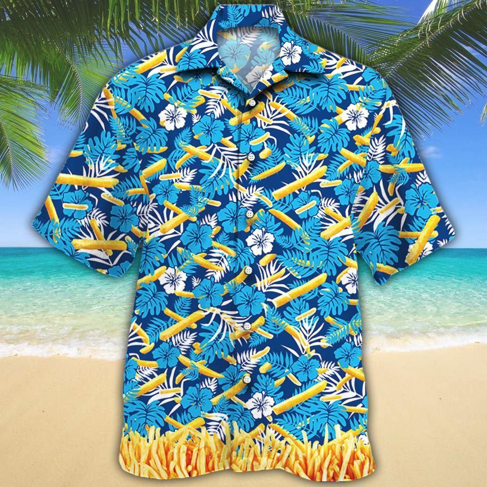 French Fries Lovers Blue Floral Aloha Hawaiian Shirt Colorful Short Sleeve Summer Beach Casual Shirt For Men And Women