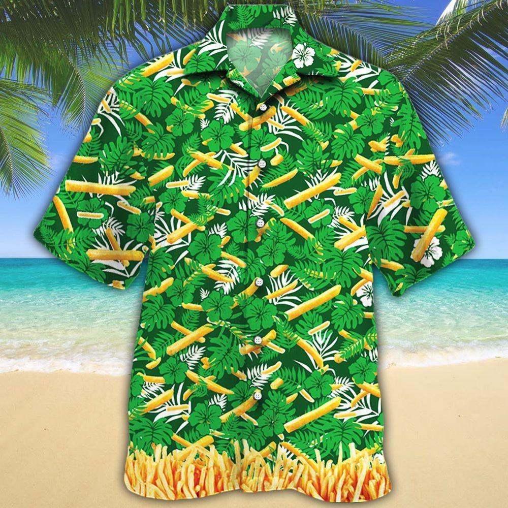 French Fries Lovers Green Floral Aloha Hawaiian Shirt Colorful Short Sleeve Summer Beach Casual Shirt For Men And Women