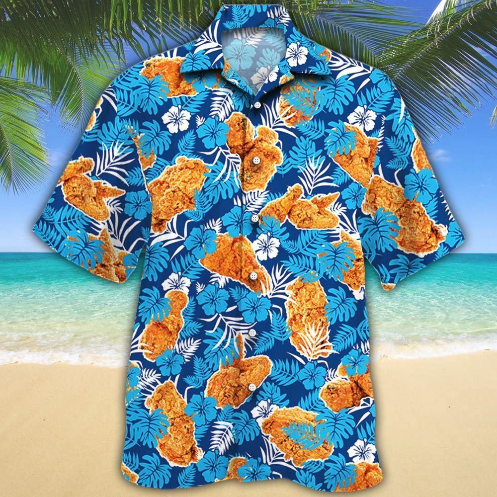 Fried Chicken Lovers Blue Floral Aloha Hawaiian Shirt Colorful Short Sleeve Summer Beach Casual Shirt For Men And Women