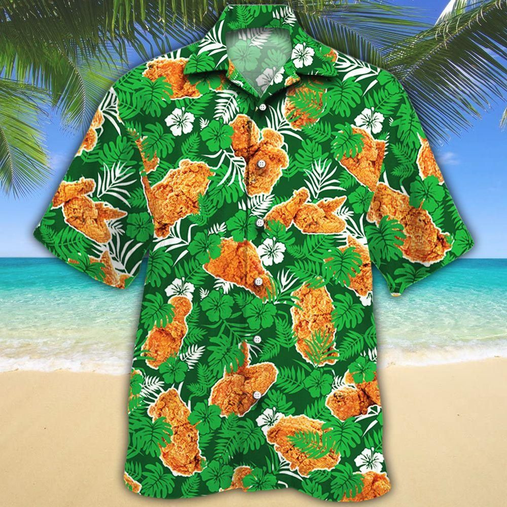 Fried Chicken Lovers Green Floral Aloha Hawaiian Shirt Colorful Short Sleeve Summer Beach Casual Shirt For Men And Women