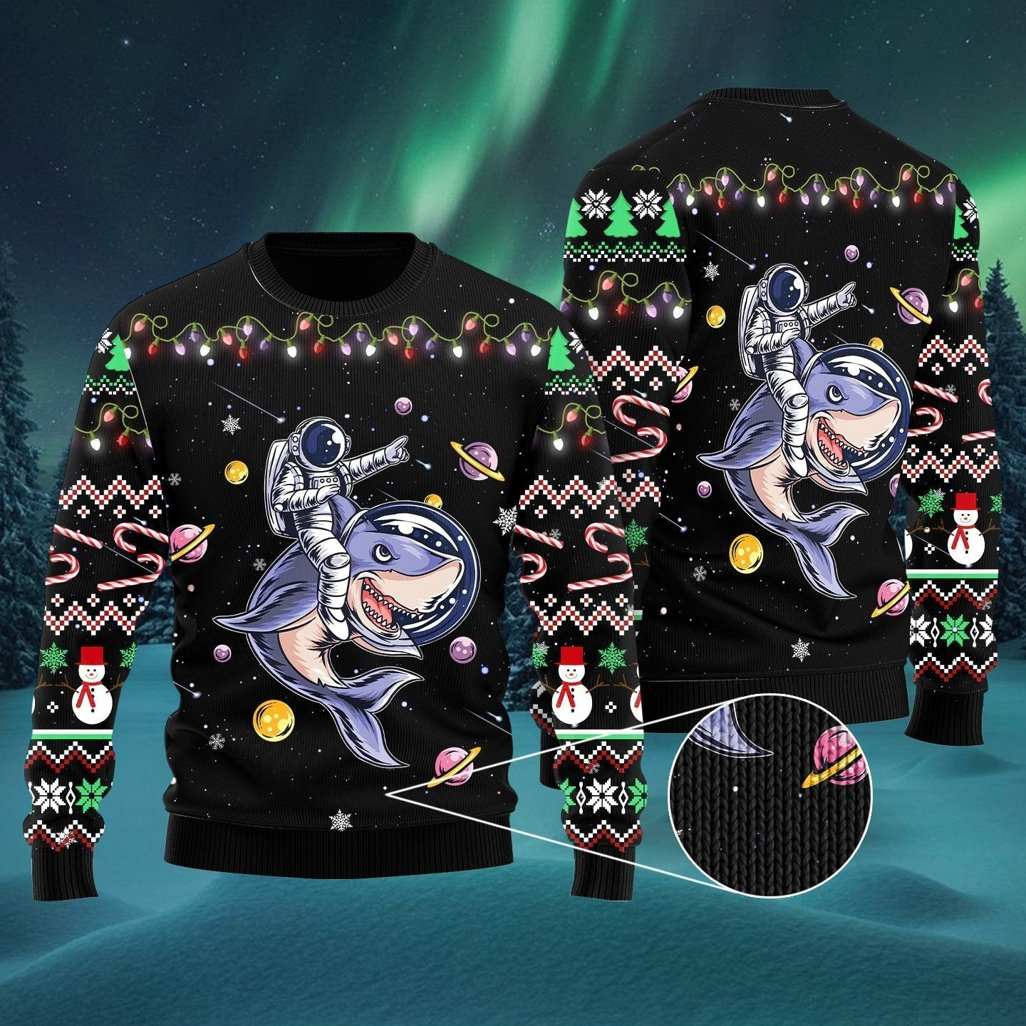 Funny Astronauts Ride A Shark In Space With The Planet Ugly Christmas Sweater Ugly Sweater For Men Women