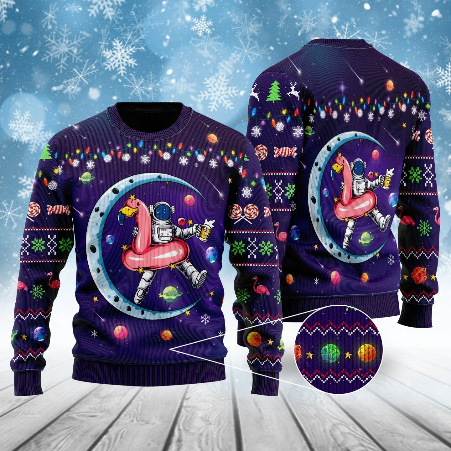 Funny Astronauts Sit On Flamingo Floats In Space With The Planet Ugly Christmas Sweater Ugly Sweater For Men Women