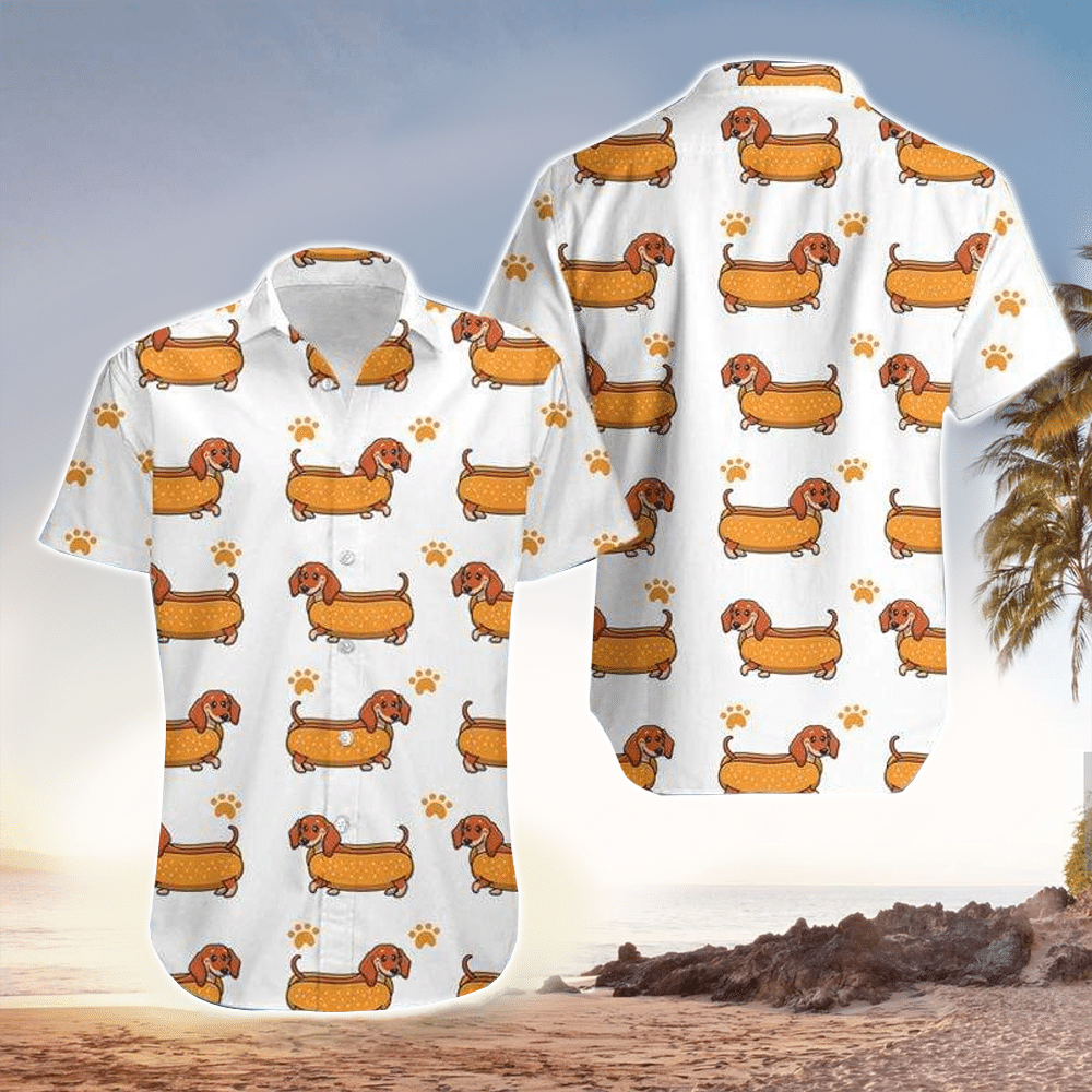 Funny Dachshund Hot Dog White Unisex Hawaiian Shirt for Men and Women
