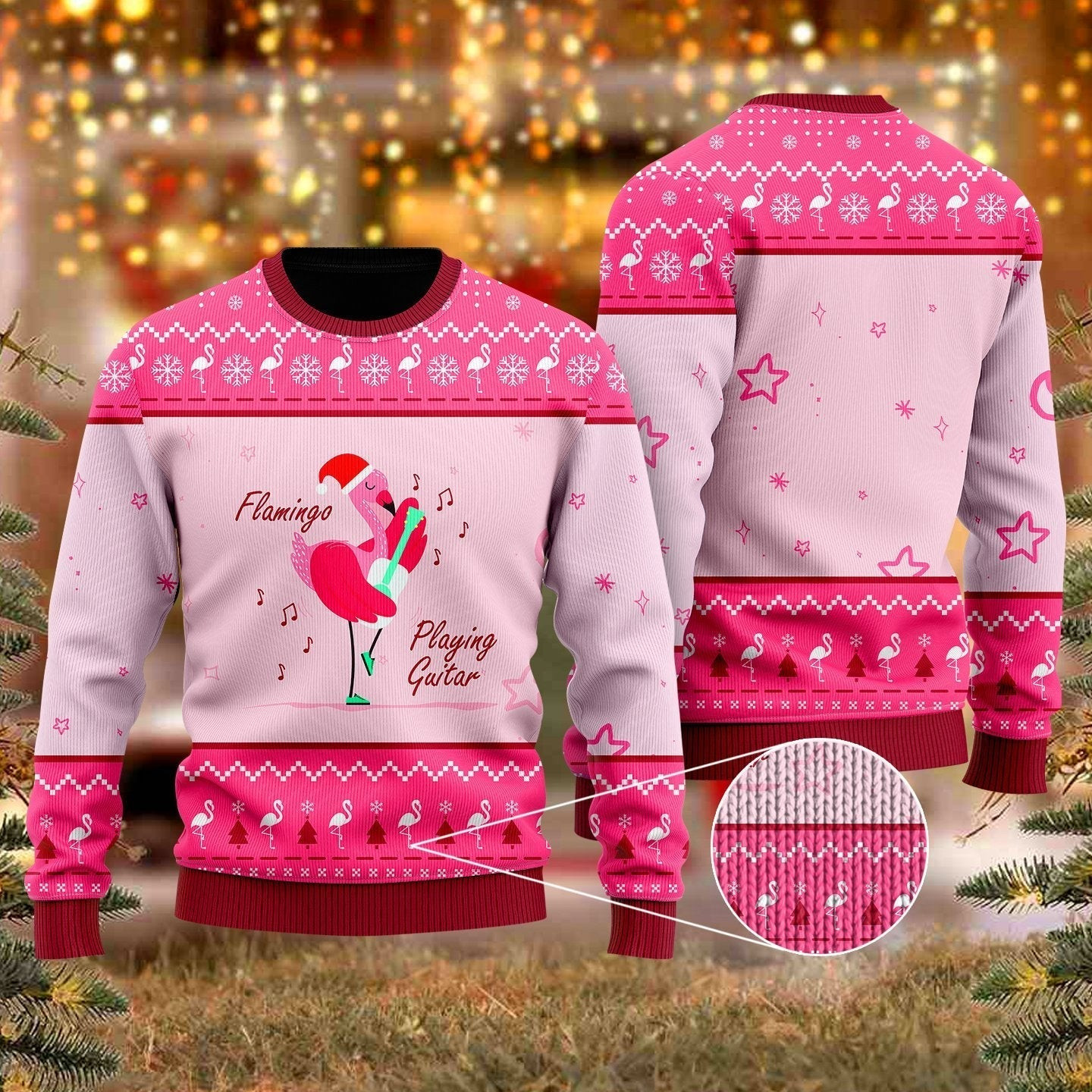 Funny Flamingo Playing Guitar Christmas Ugly Christmas Sweater Ugly Sweater For Men Women