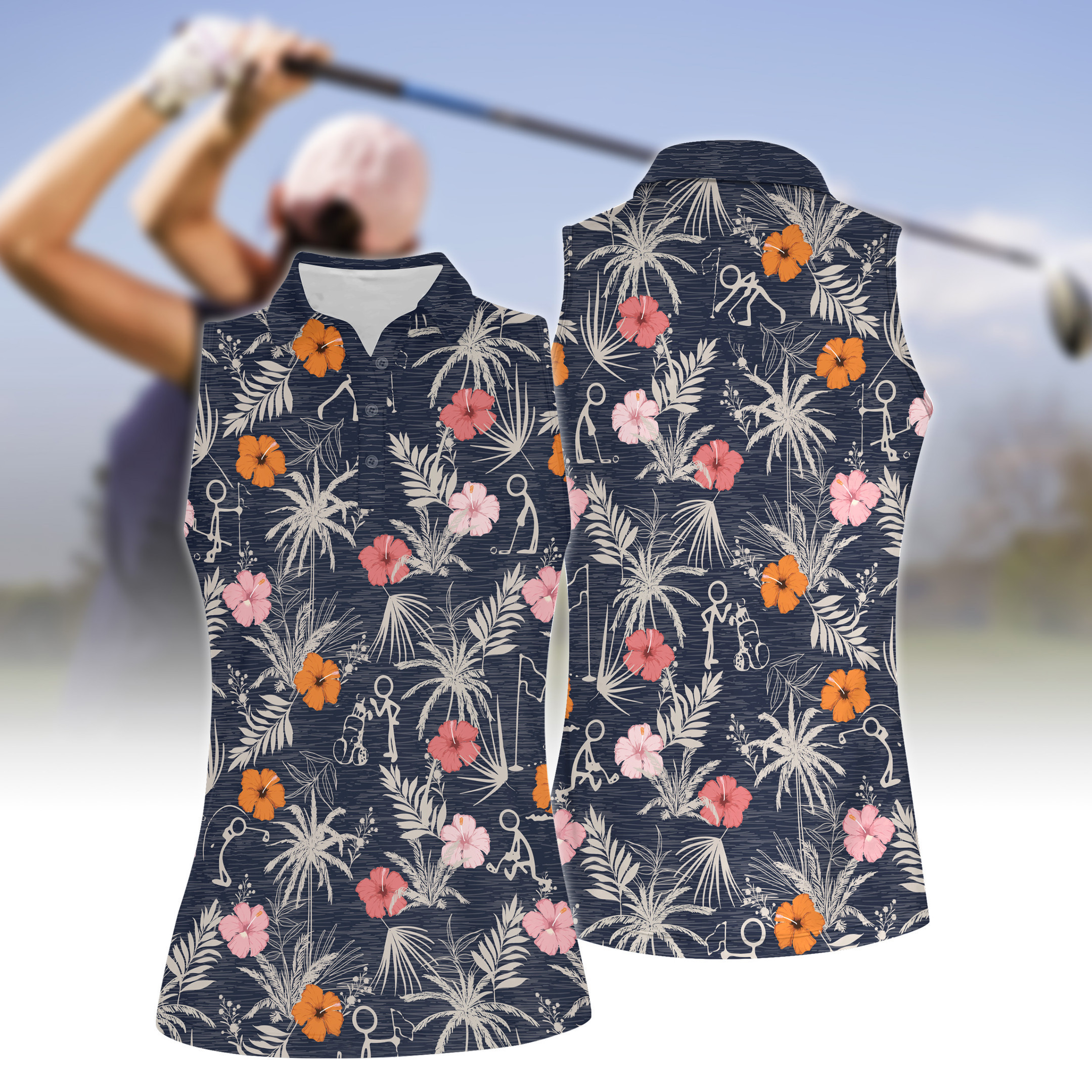 Funny Golf Stick Figures Flower Women Short Sleeve Polo Shirt Sleeveless Polo Shirt