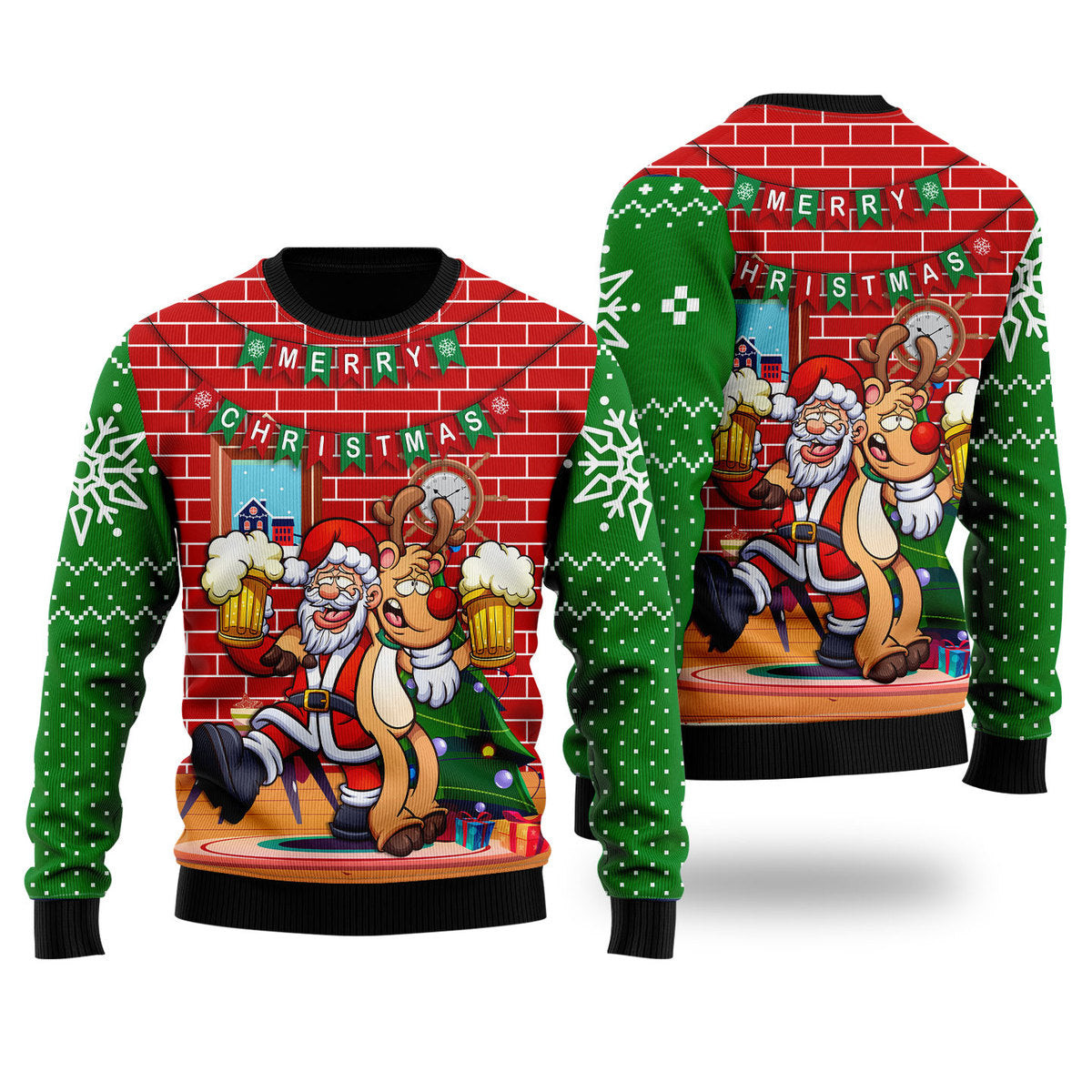 Funny Santa Drink Beer With Reindeer Ugly Christmas Sweater Ugly Sweater For Men Women