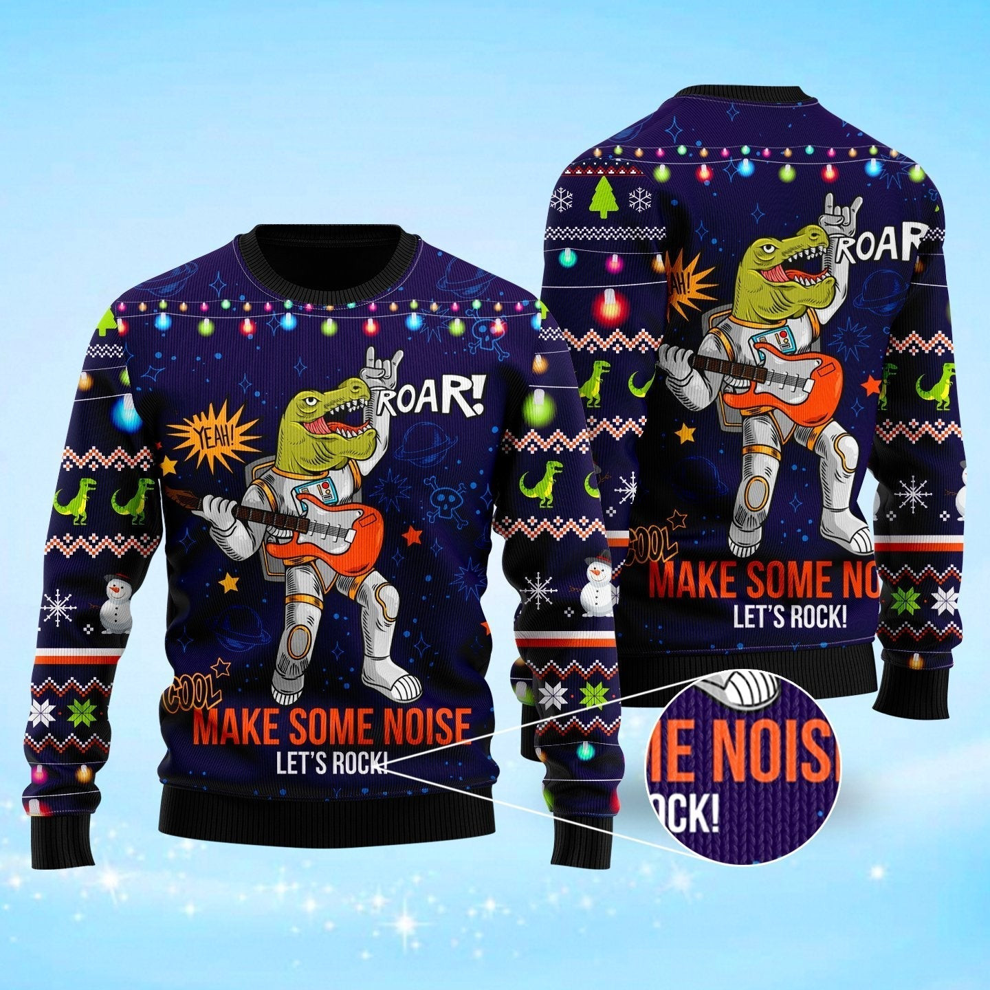 Funny T-rex Play Rock Music Between Stars Planets Galaxies Ugly Christmas Sweater Ugly Sweater For Men Women, Holiday Sweater