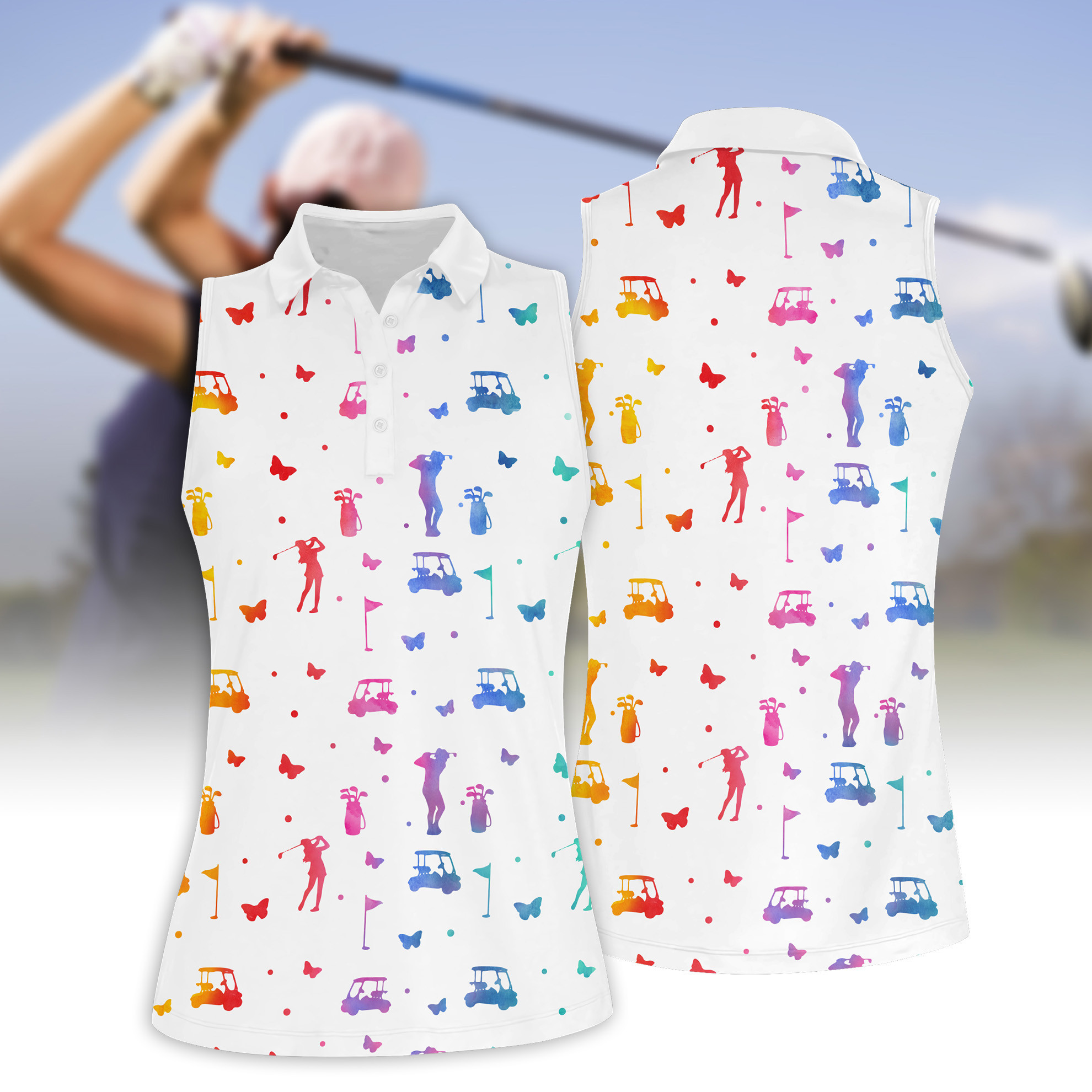 GOLF SILHOUETTE BUTTERFLIES WATER COLOR WOMEN SHORT SLEEVE POLO SHIRT SLEEVELESS POLO SHIRT V2