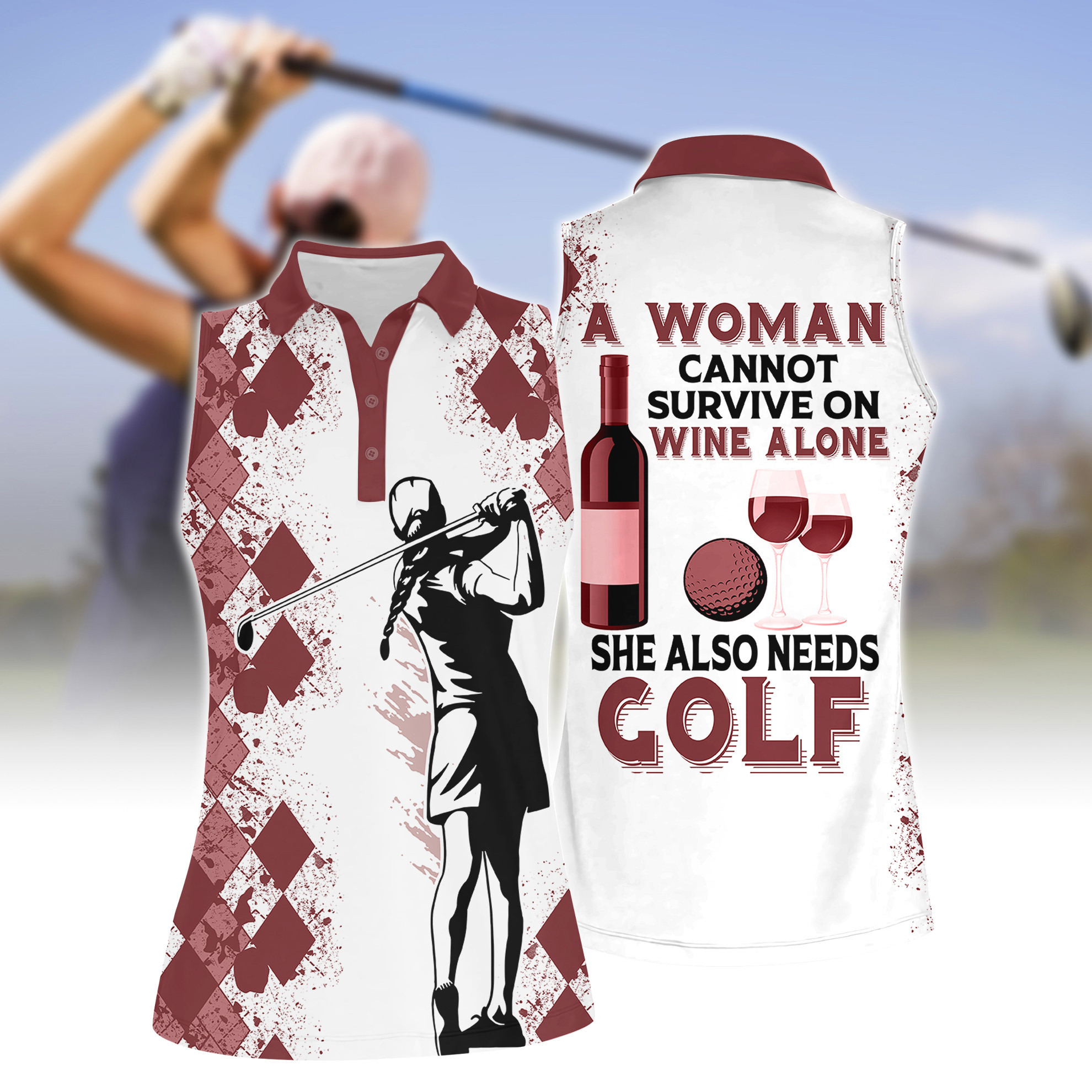 GOLF WOMEN A WOMAN SURVIVE ON GOLF AND WINE Women Short Sleeve Polo Shirt Sleeveless Polo Shirt