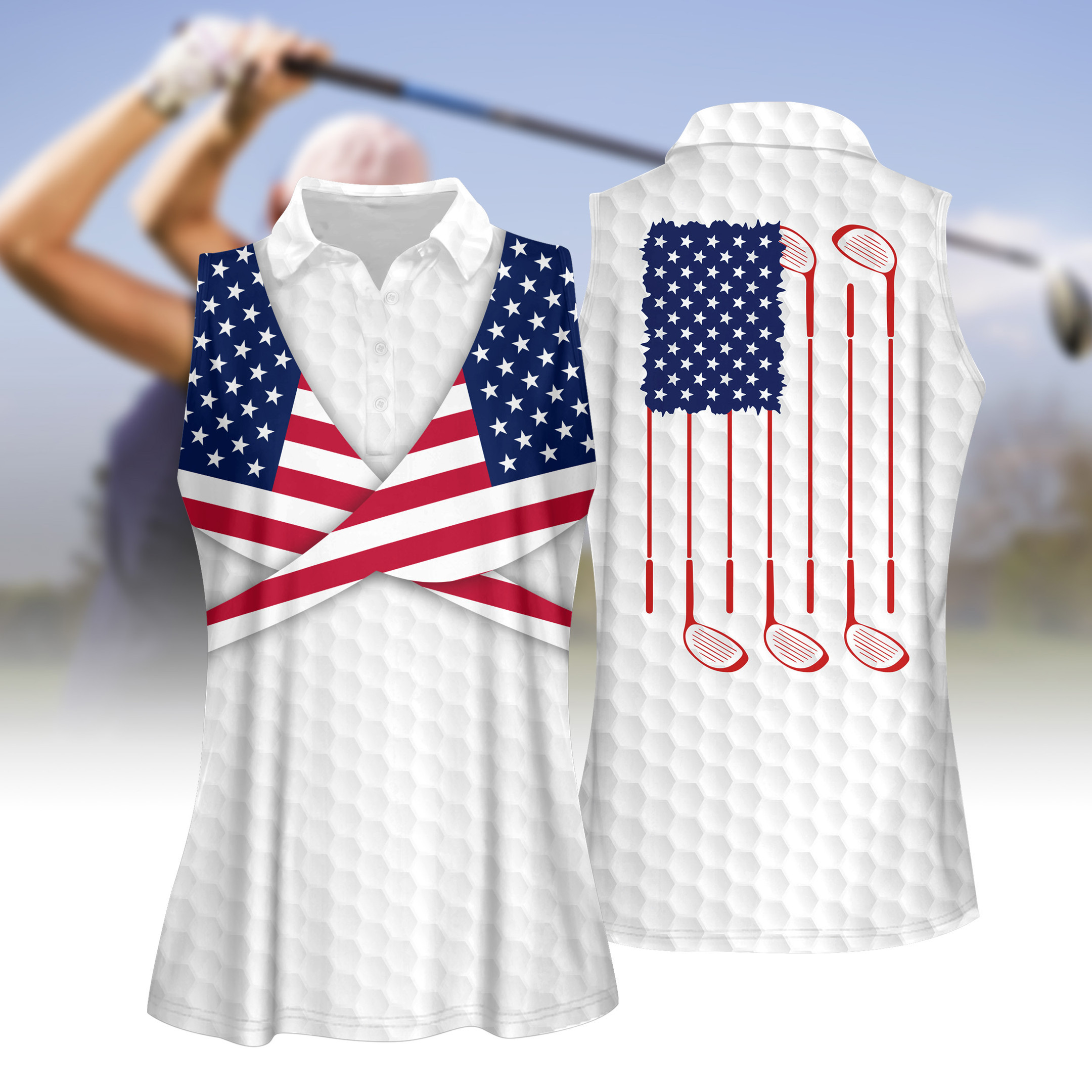 GOLFER AMERICA GOLF FLAG WOMEN SHORT SLEEVE POLO SHIRT SLEEVELESS POLO SHIRT