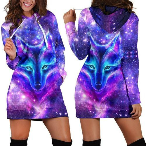 Galaxy Wolf Hoodie Dress Sweater Dress Sweatshirt Dress 3d All Over Print For Women Hoodie