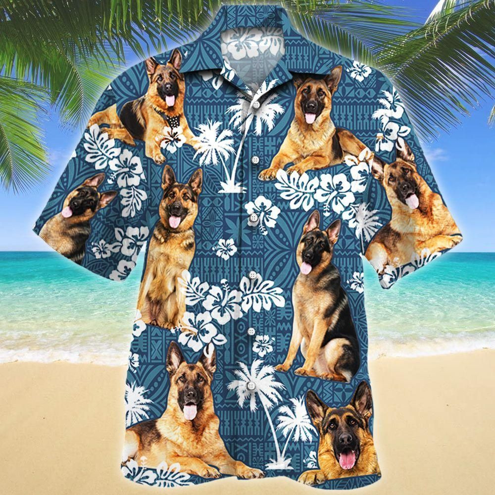 German Shepherd Dog Lovers Blue Tribal Aloha Hawaiian Shirt Colorful Short Sleeve Summer Beach Casual Shirt For Men And Women