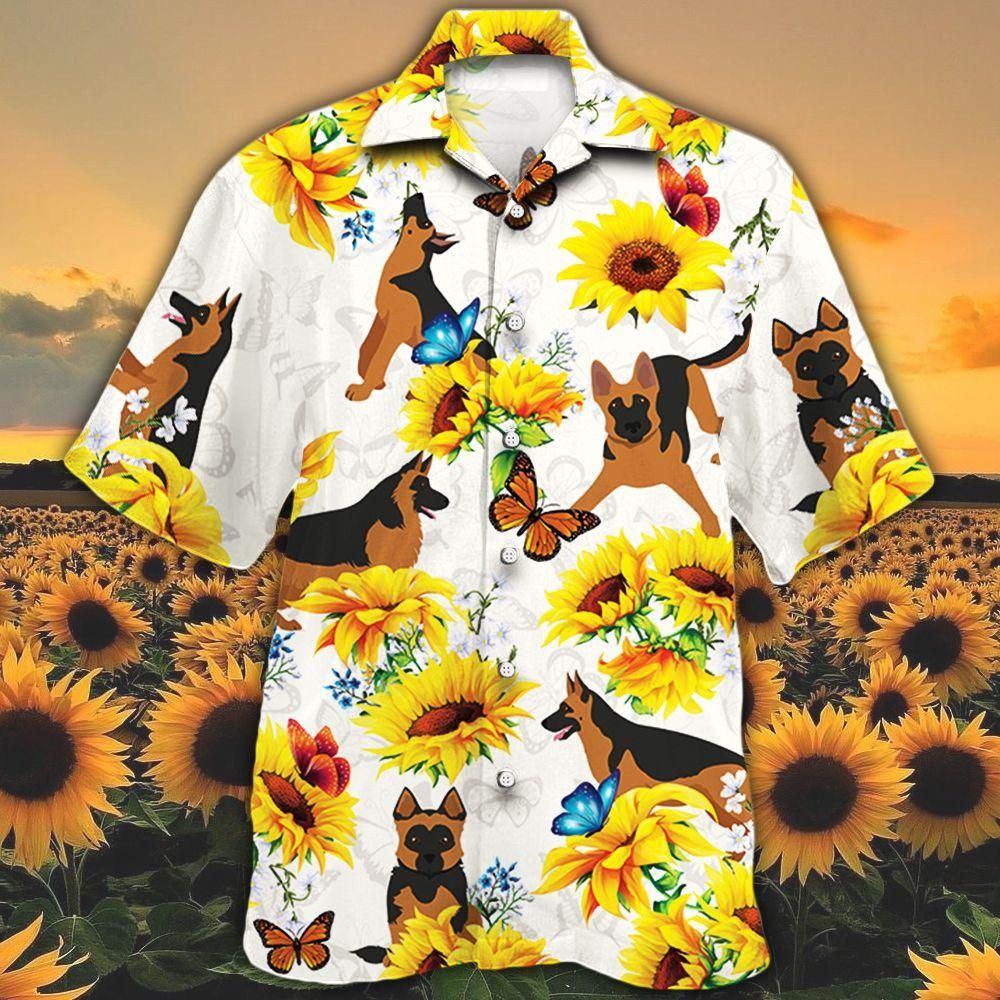 German Shepherd Dog Lovers Sun Flower Aloha Hawaiian Shirt Colorful Short Sleeve Summer Beach Casual Shirt For Men And Women