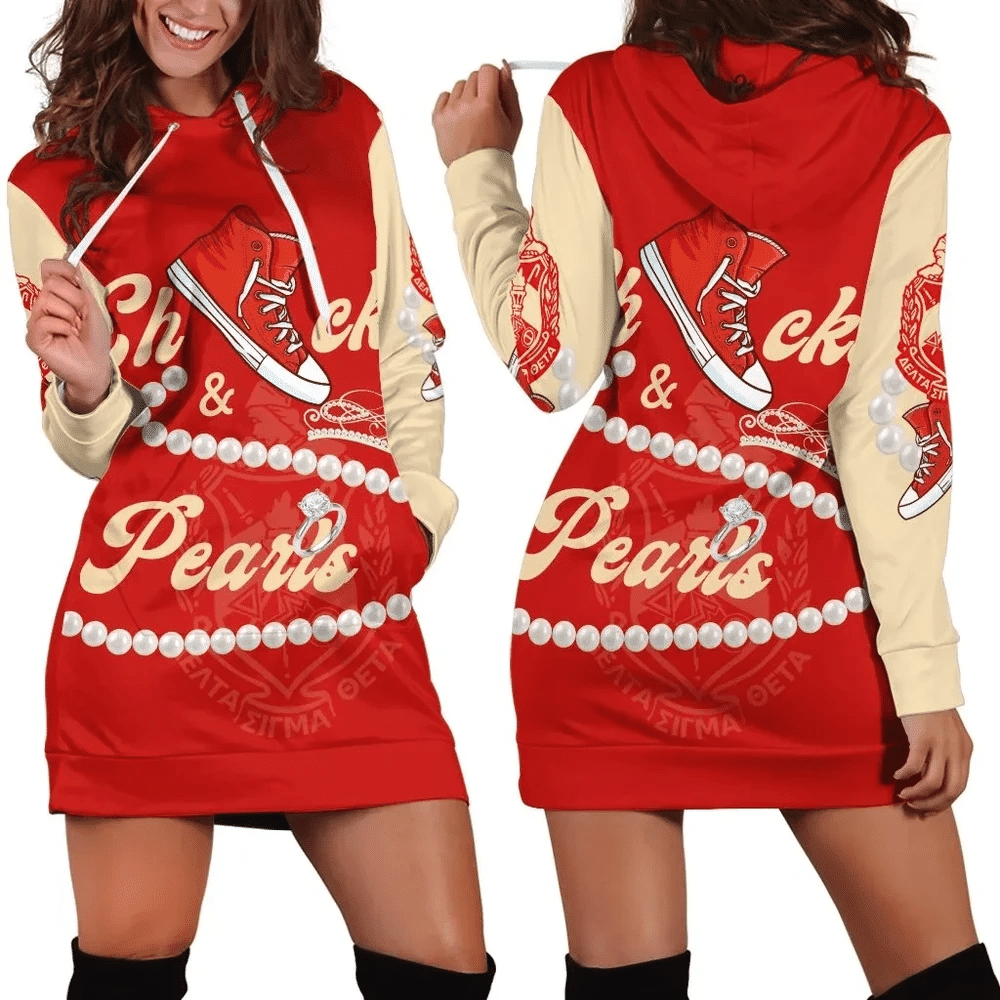 Gettee Dress Delta Sigma Theta Chucks And Pearls Hoodie Dress KH Pearls J09 For Women