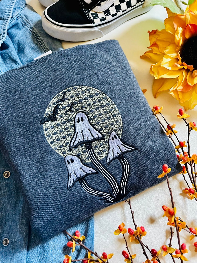 Ghost Mushroom Embroidered Crewneck Ghost Crewneck Halloween Sweatshirt Mushroom Sweatshirt