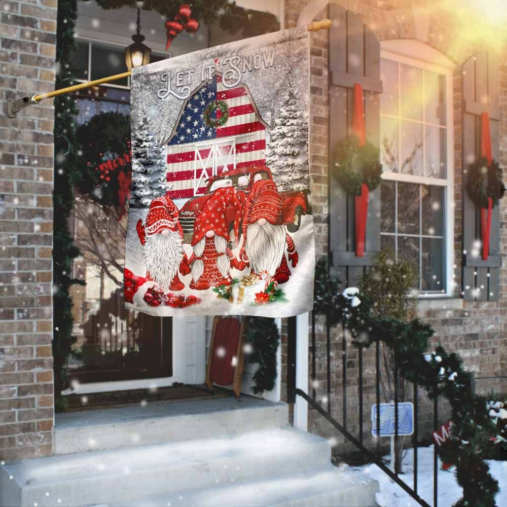 Gnomes Let It Snow Red Truck Merry Christmas American Flag Garden Flag House Flag