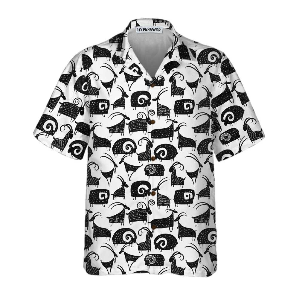 Goat And Ram Seamless Pattern Hawaiian Shirt Black And White Goat Shirt For Men  Women