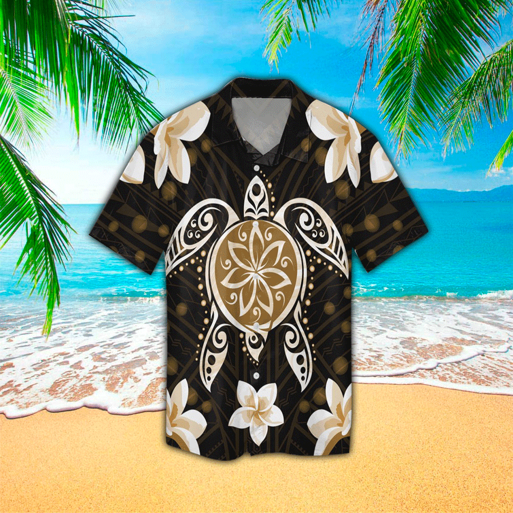 Gold Turtle Plumeria Hawaiian Shirt for Men and Women