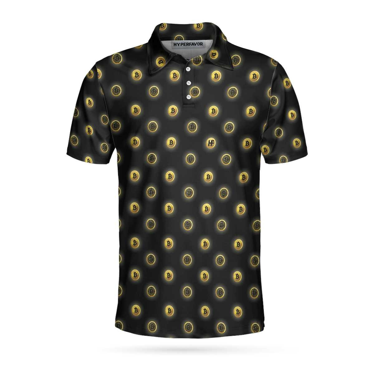 Golden Black Bitcoin V2 Polo Shirt Golden Cryptocurrency Short Sleeve Polo Shirt For Traders Best Bitcoin Themed Shirt