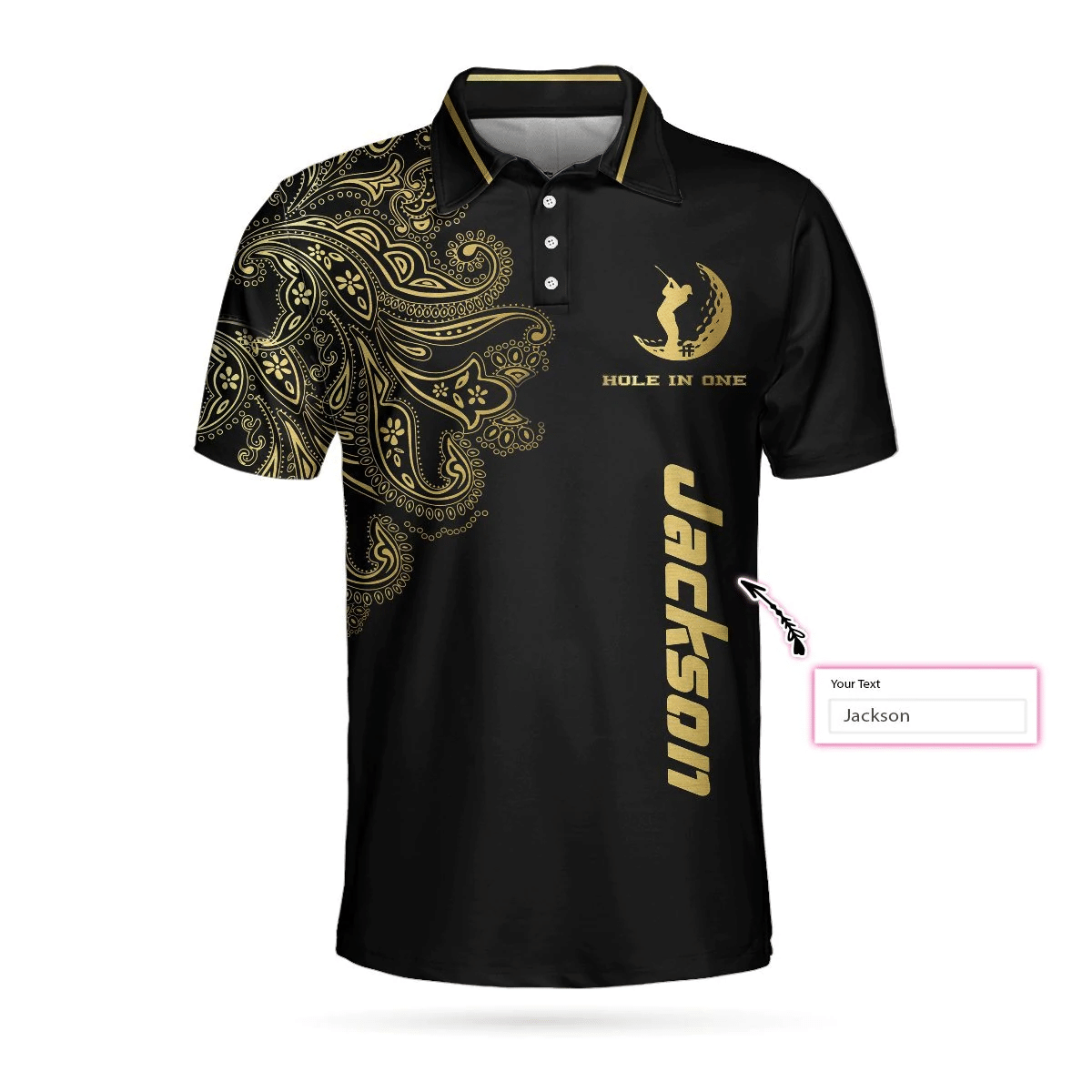 Golden Hole In One Black Golf Custom Polo Shirt Personalized Golden Floral Paisley Golf Shirts Short Sleeve Polo For Men