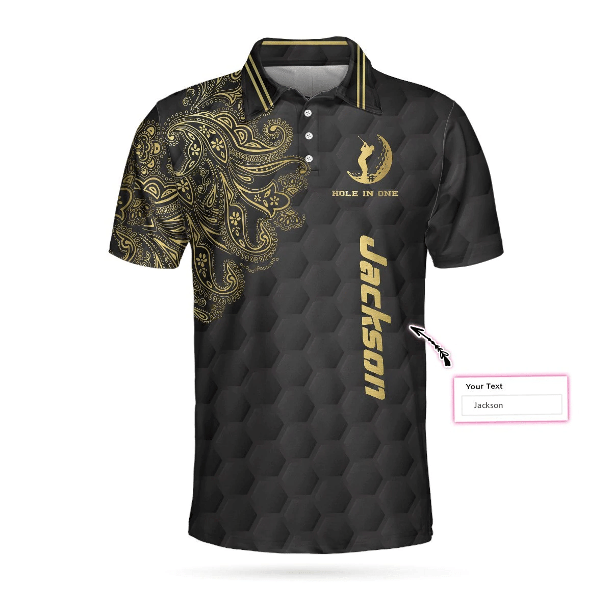 Golden Hole In One Black Golf Texture Custom Polo Shirt Personalized Golden Floral Paisley Golf Shirts Short Sleeve Polo For Men