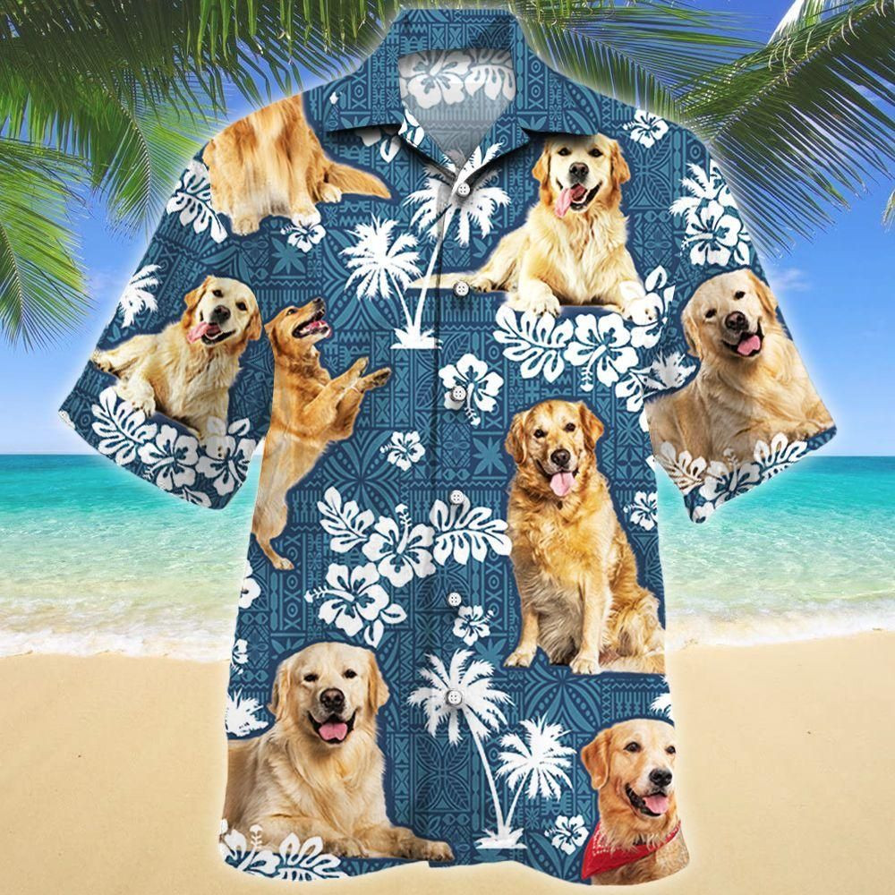 Golden Retriever Dog Blue Tribal Aloha Hawaiian Shirt Colorful Short Sleeve Summer Beach Casual Shirt For Men And Women