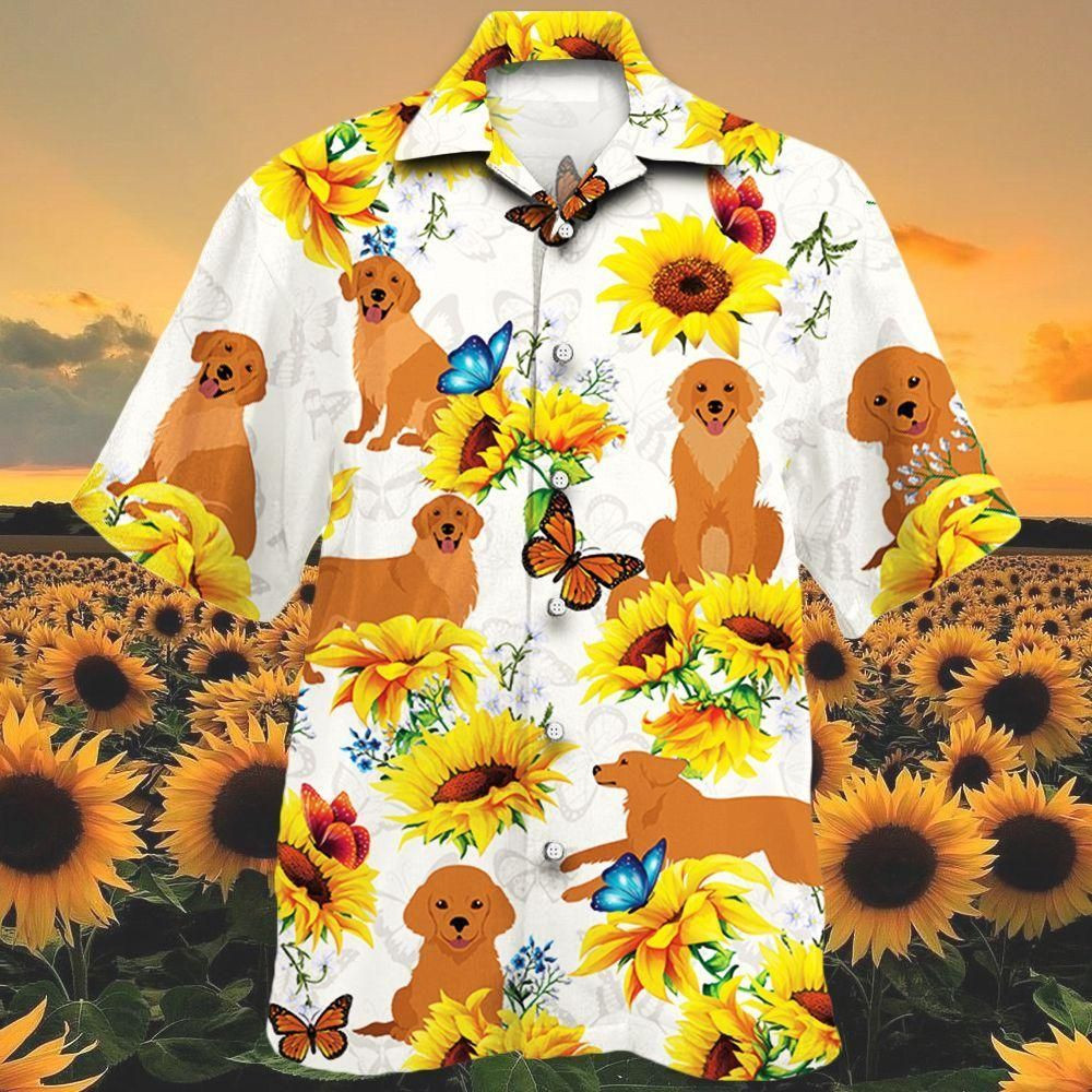 Golden Retriever Dog Lovers Sun Flower Aloha Hawaiian Shirt Colorful Short Sleeve Summer Beach Casual Shirt For Men And Women