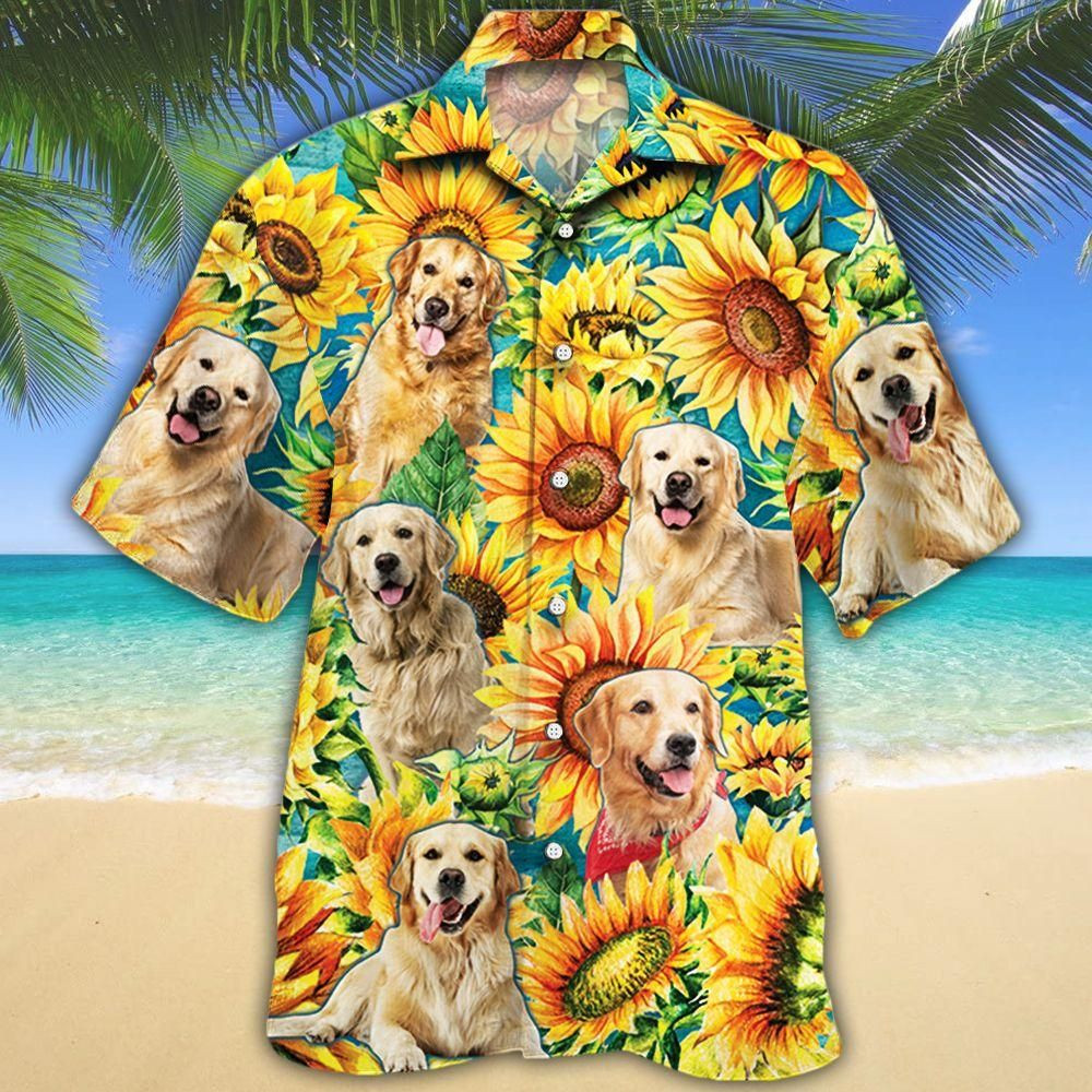 Golden Retriever Dog Lovers Sunflower Watercolor Aloha Hawaiian Shirt Colorful Short Sleeve Summer Beach Casual Shirt For Men And Women
