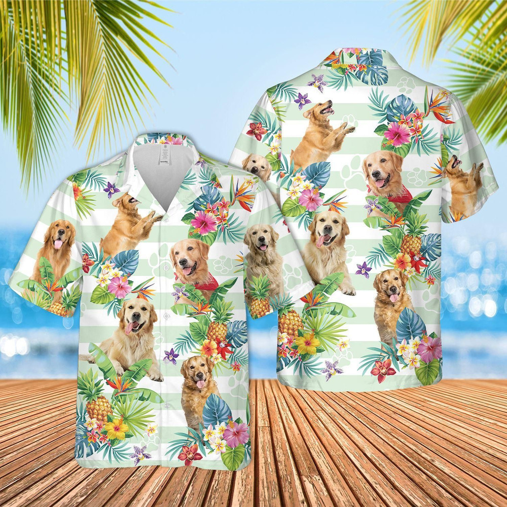 Golden Retriever Dog Tropical Flower Aloha Hawaiian Shirt Colorful Short Sleeve Summer Beach Casual Shirt For Men And Women