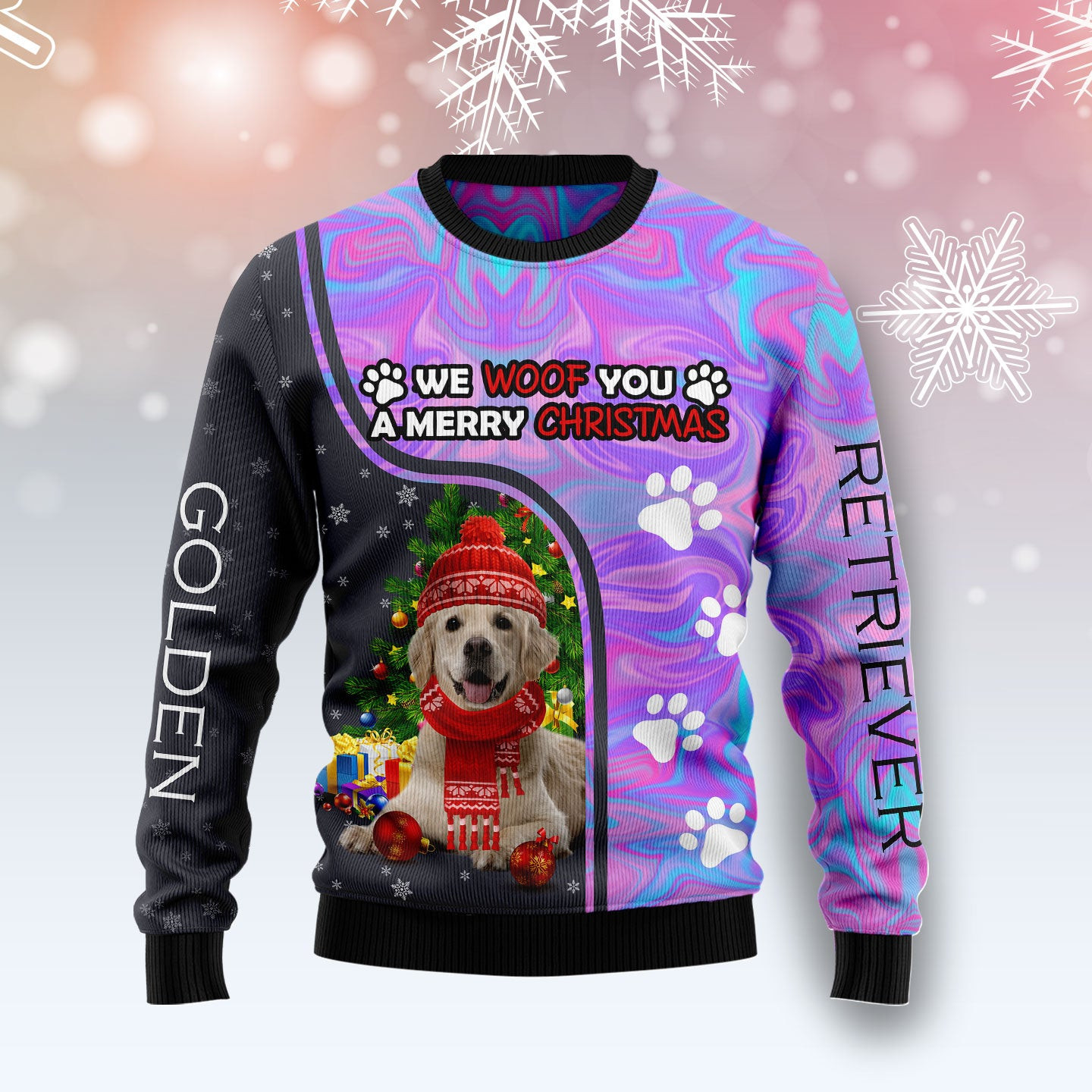 Golden Retriever Hologram Color Ugly Christmas Sweater