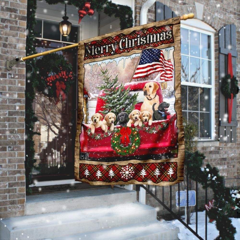 Golden Retriever Merry Christmas Red Truck American Flag Garden Flag House Flag