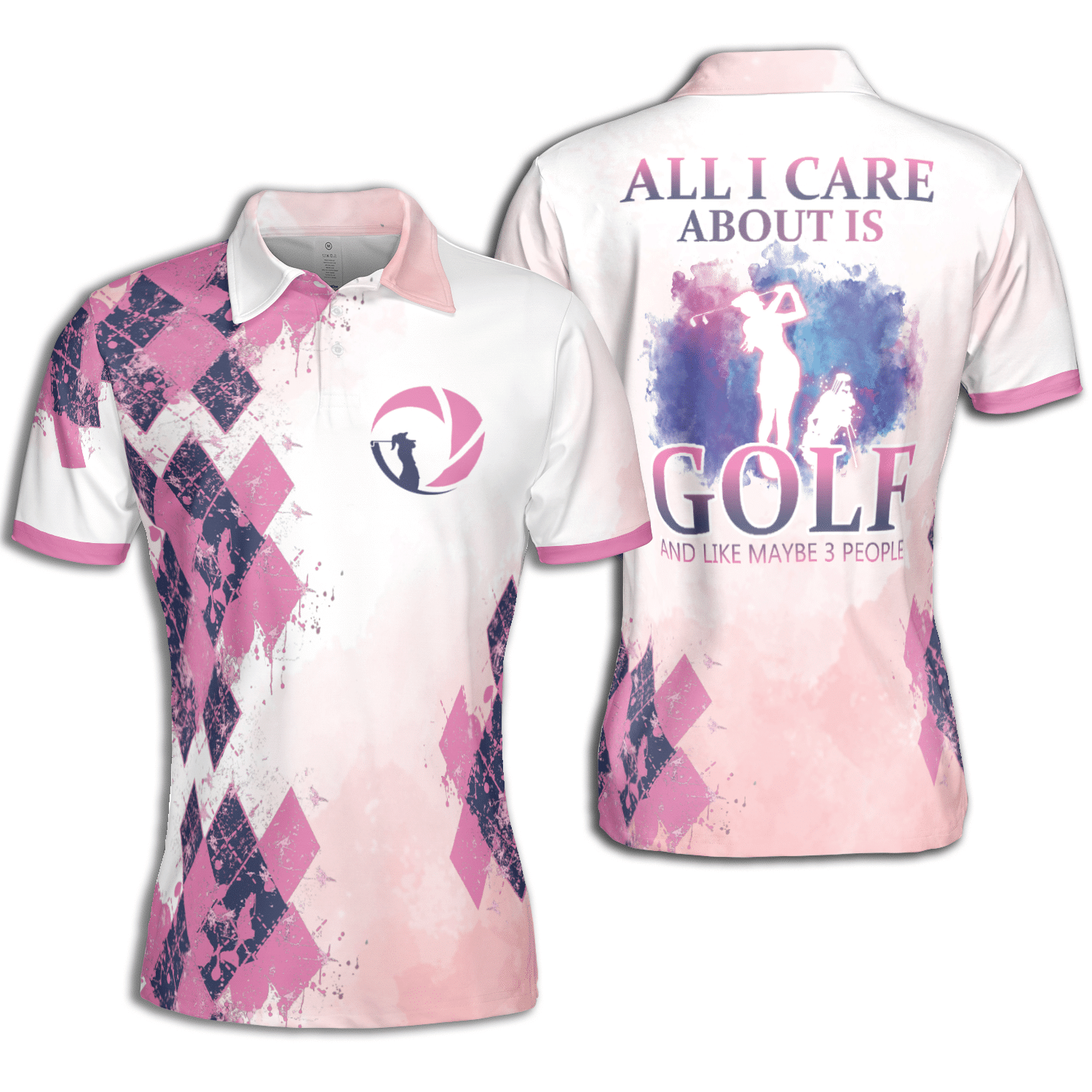 Golf All I Care Is Golf Women Pink Watercolor Argyle Pattern Short Sleeve Woman Polo Shirt