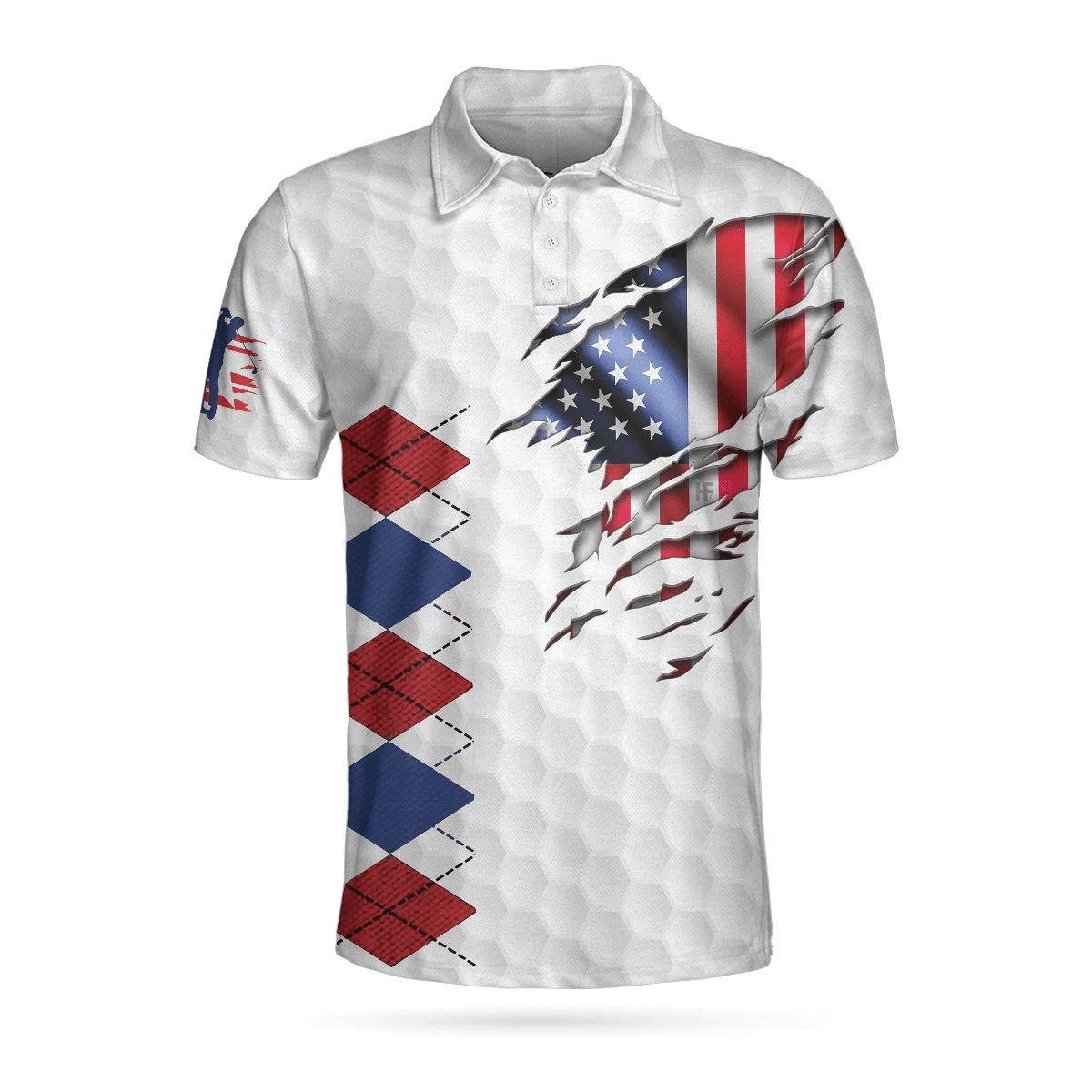 Golf American Flag Argyle Polo Shirt White Golf Texture American Flag Polo Shirt Patriotic Golf Shirts Short Sleeve Polo For Men