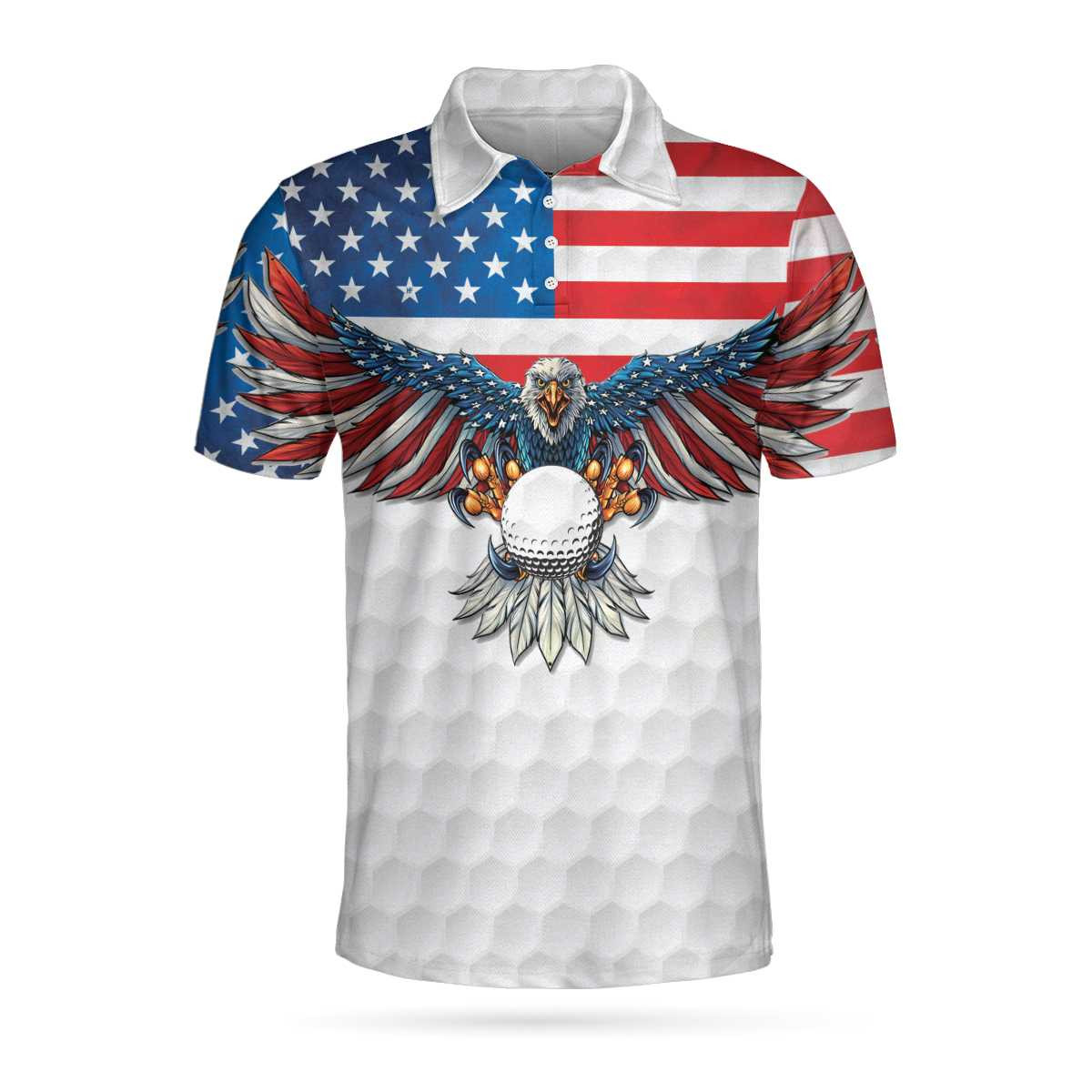 Golf American Flag Eagle Wings Polo Shirt White Golf Pattern And Golf Ball Polo Shirt Patriotic Golf Shirt For Men