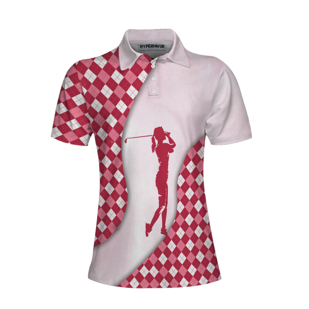 Golf And Wine Kind Of Girl Short Sleeve Women Polo Shirt Pink Diamond Pattern Shirt For Golf Ladies